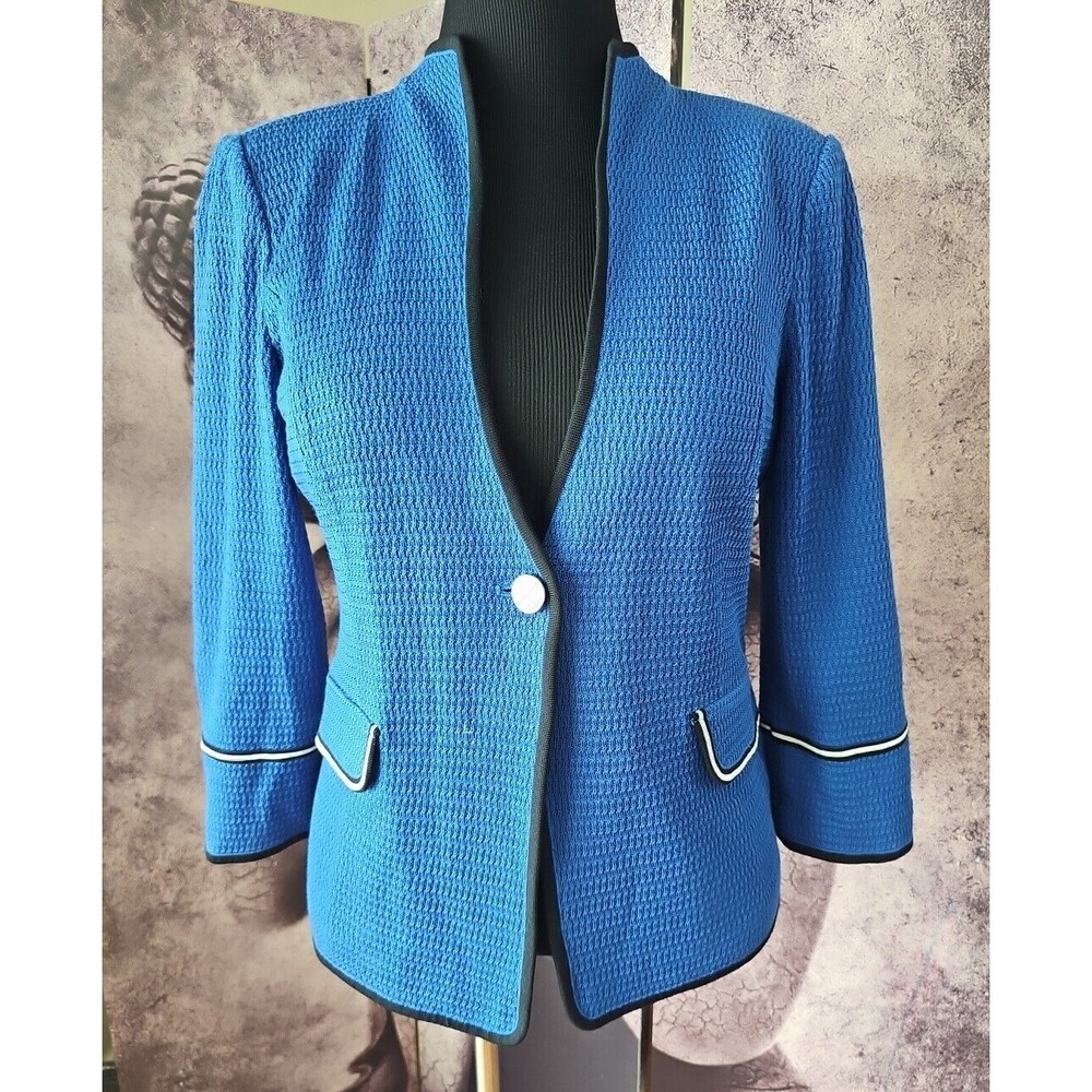 MISOOK Knit Acrylic Blend Blue V Neck 1 Button Blazer Jacket Stretch‎ sz S YJ01